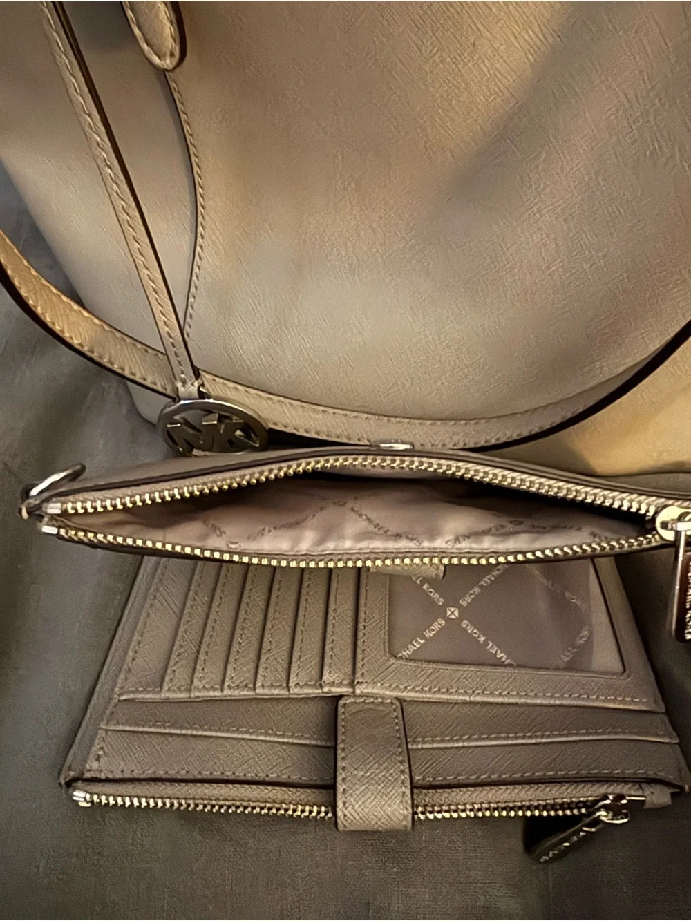 Michael Kors gray leather Tote with Matching Wristlet